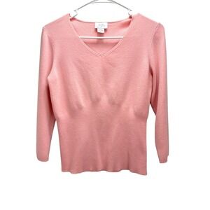 Ann Taylor Loft‎ Women's Sweater M Pink V-Neck Ribbed Hem 3/4 Sleeve Workwear